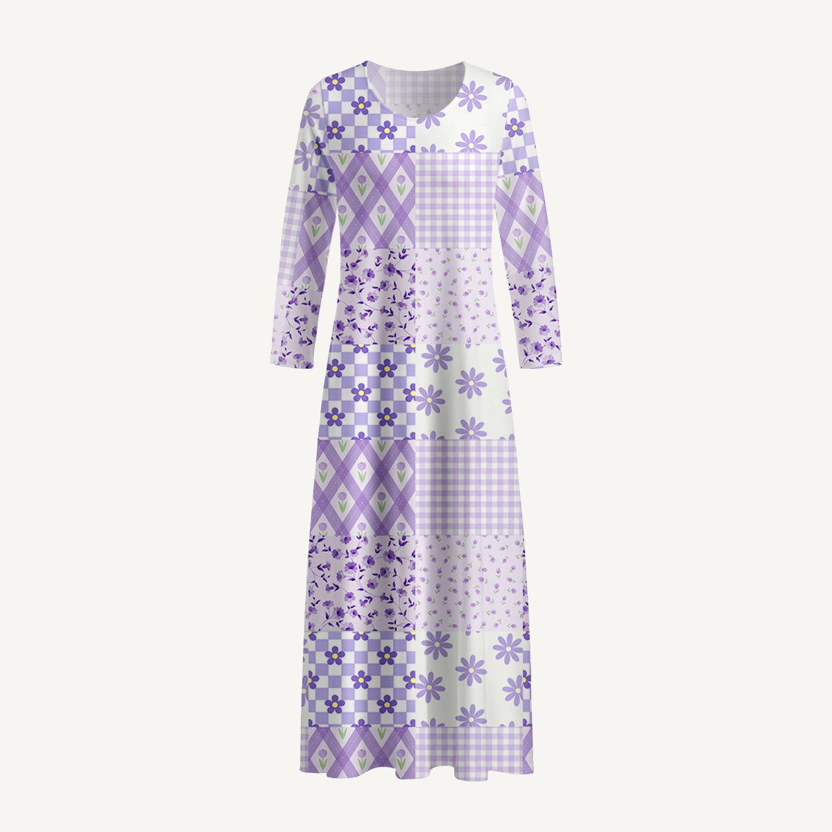 Lavender Daisy & Gingham Print Soft-Touch Stretch Knit Long Sleeve Maxi Dress with Pockets