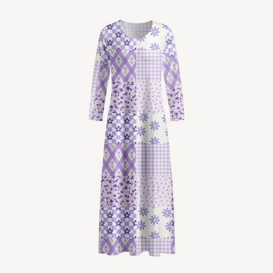 Lavender Daisy & Gingham Print Soft-Touch Stretch Knit Long Sleeve Maxi Dress with Pockets