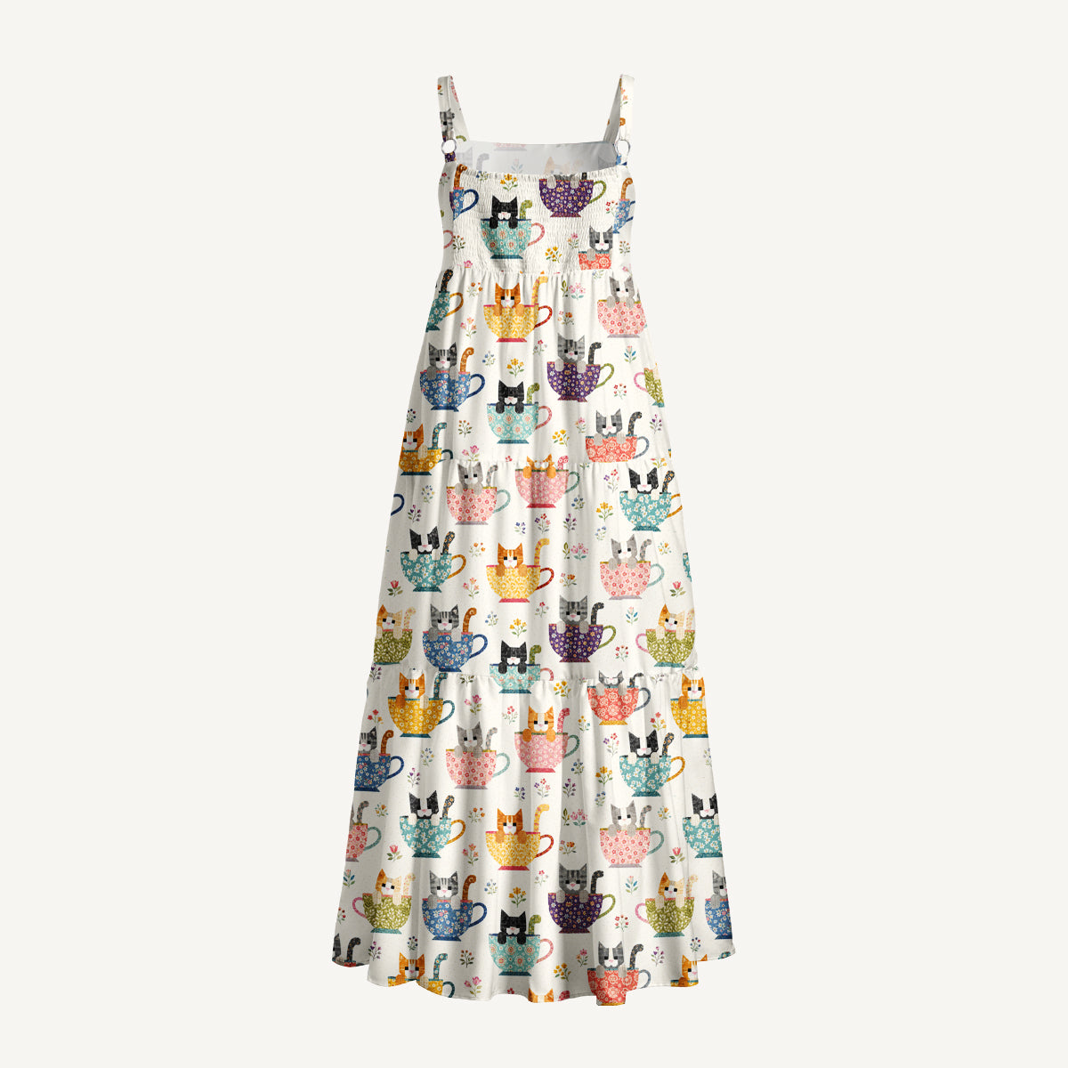 Perler Bead Cat Print Wide Straps Maxi Dress With Pockets