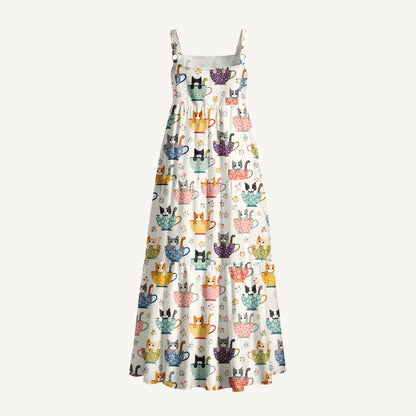 Perler Bead Cat Print Wide Straps Maxi Dress With Pockets