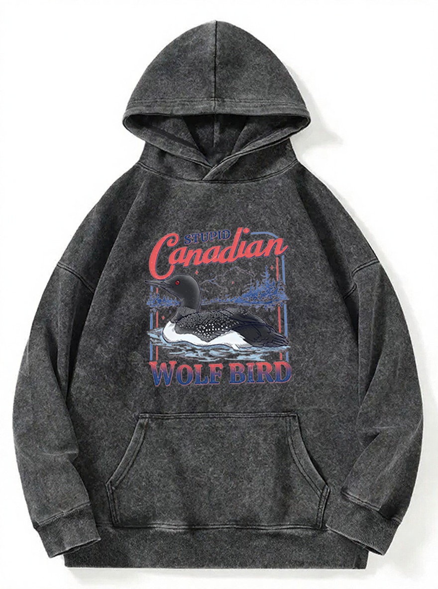 Vintage Stupid Canadian Wolf Bird Washed Hoodie
