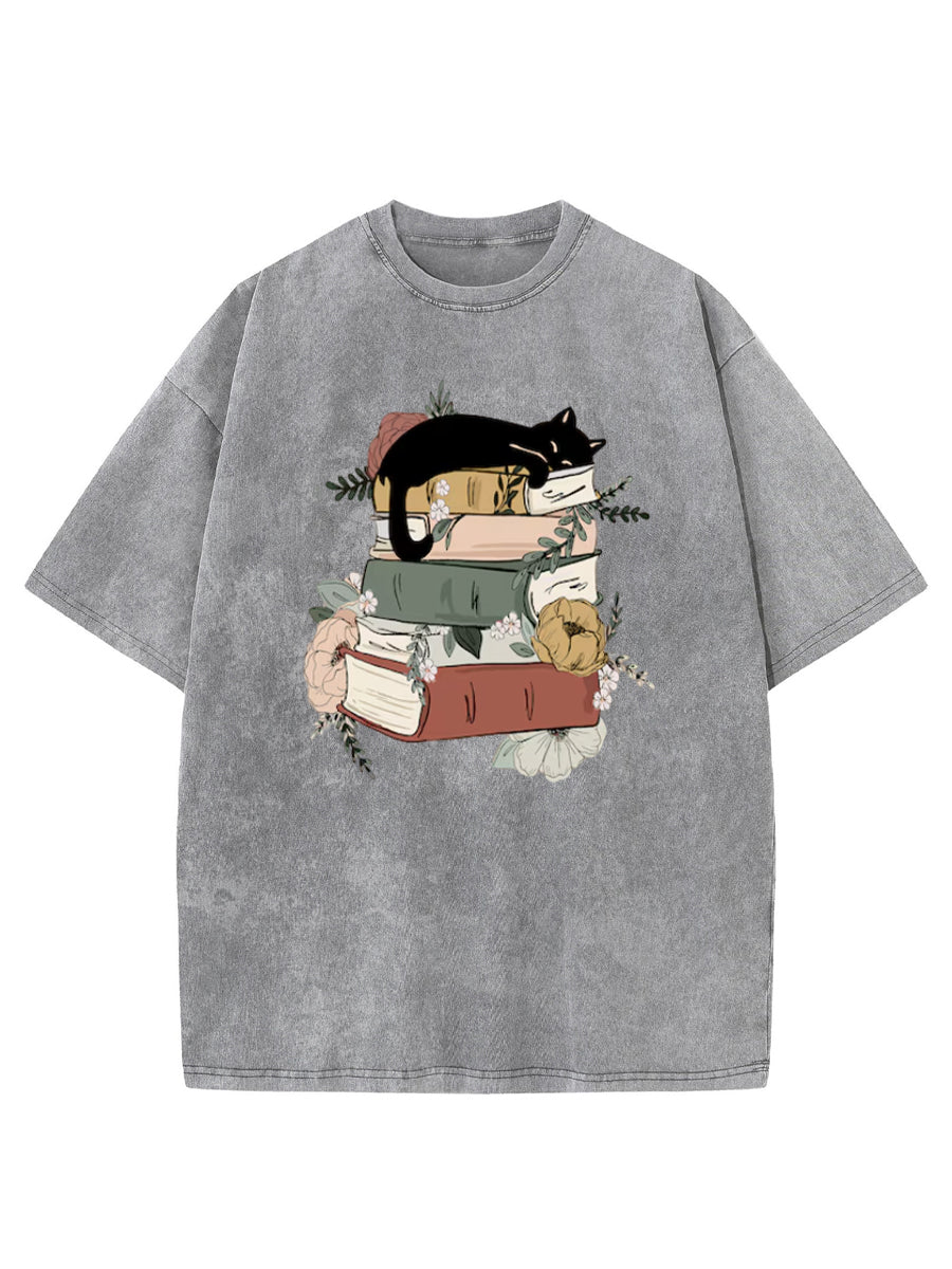 Vintage Cat Book Washed T-Shirt