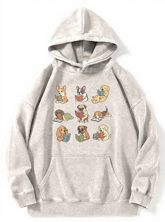 Vintage Funny Dog Reading Washed Hoodie