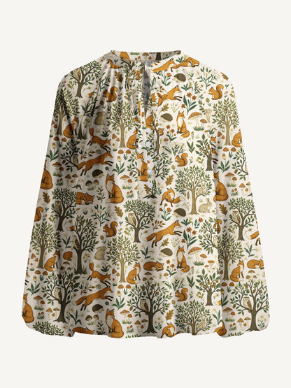 Woodland Creatures Print Boho Long Sleeve Tie‑Neck Blouse