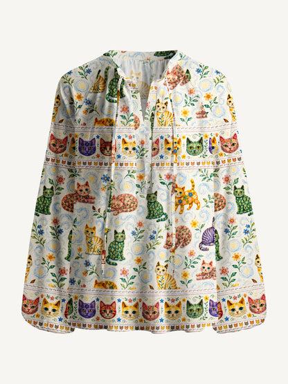 Starry Night Cat Whisper Print Boho Long Sleeve Tie‑Neck Blouse