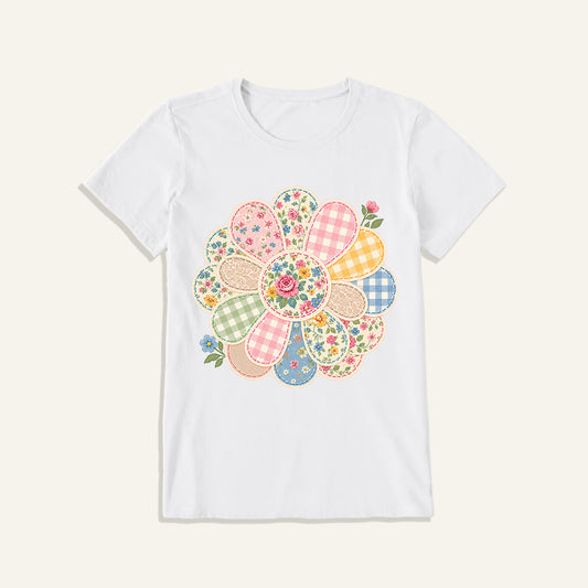 Cottage Patchwork Bloom Print Crew Neck Cotton Tee