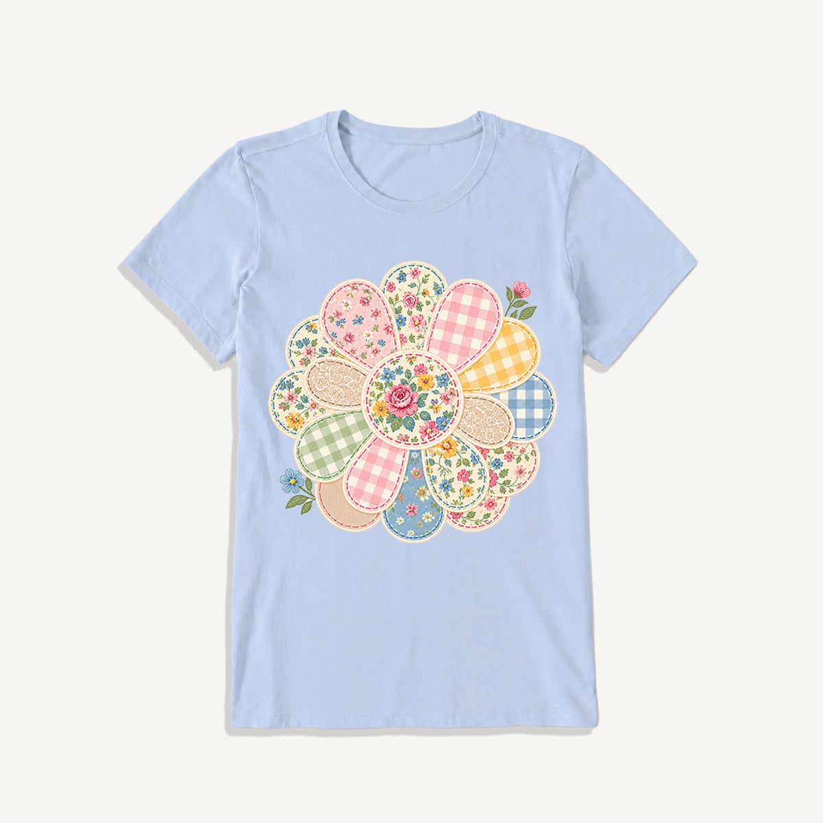 Cottage Patchwork Bloom Print Crew Neck Cotton Tee