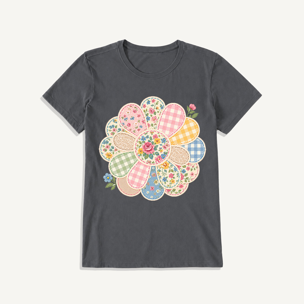 Cottage Patchwork Bloom Print Crew Neck Cotton Tee