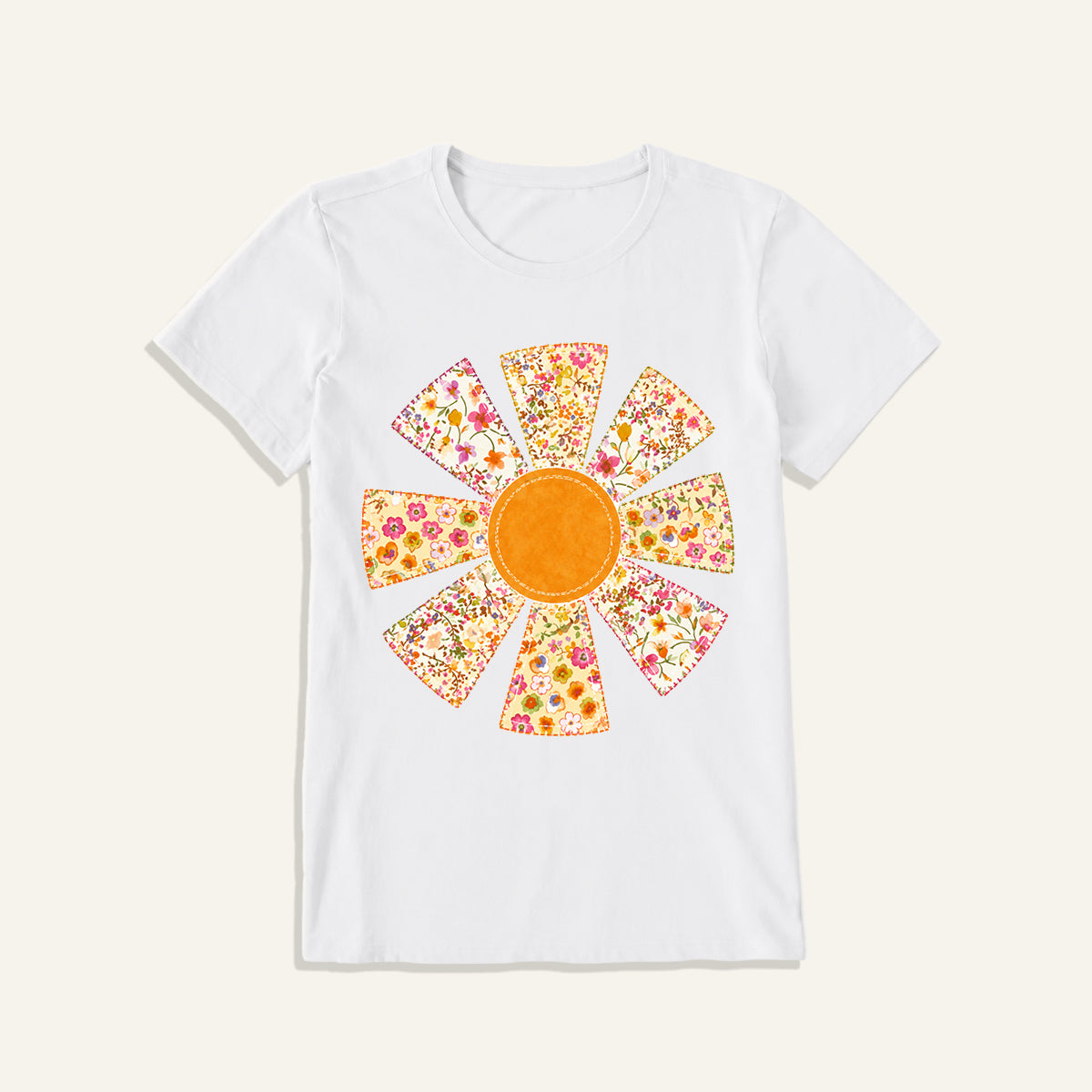 Golden Patchwork Daisy Print Crew Neck Cotton Tee