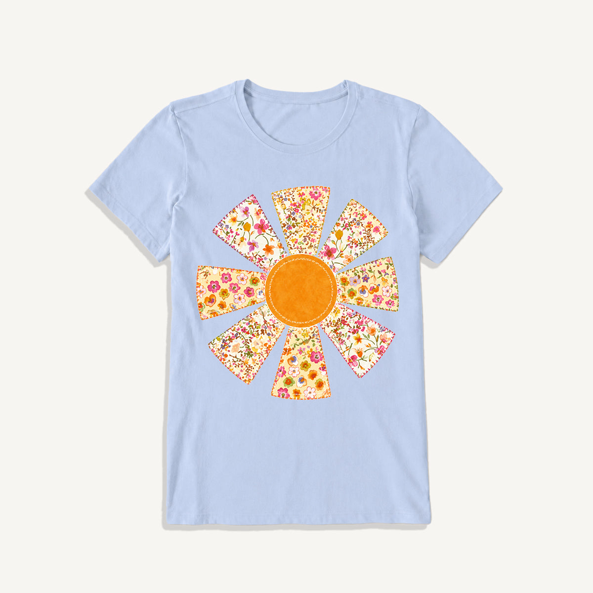 Golden Patchwork Daisy Print Crew Neck Cotton Tee