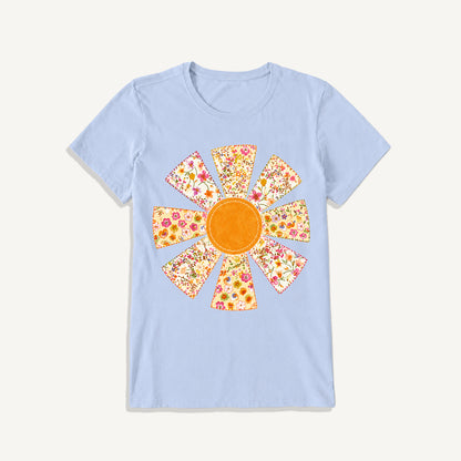 Golden Patchwork Daisy Print Crew Neck Cotton Tee