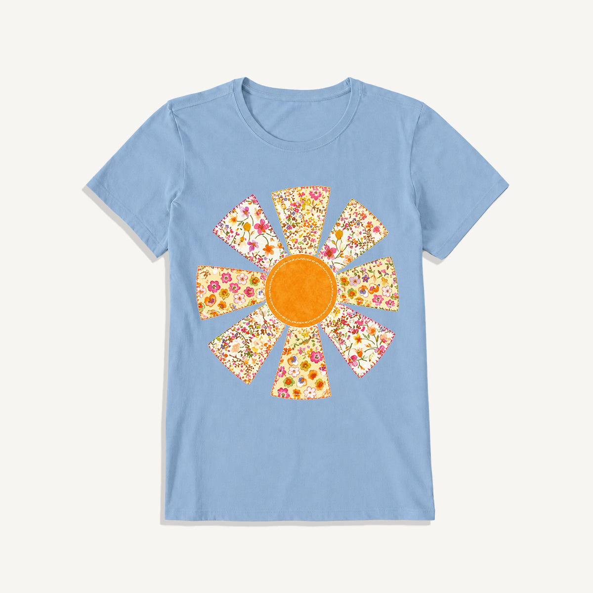 Golden Patchwork Daisy Print Crew Neck Cotton Tee