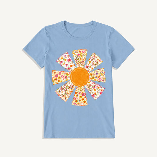 Golden Patchwork Daisy Print Crew Neck Cotton Tee