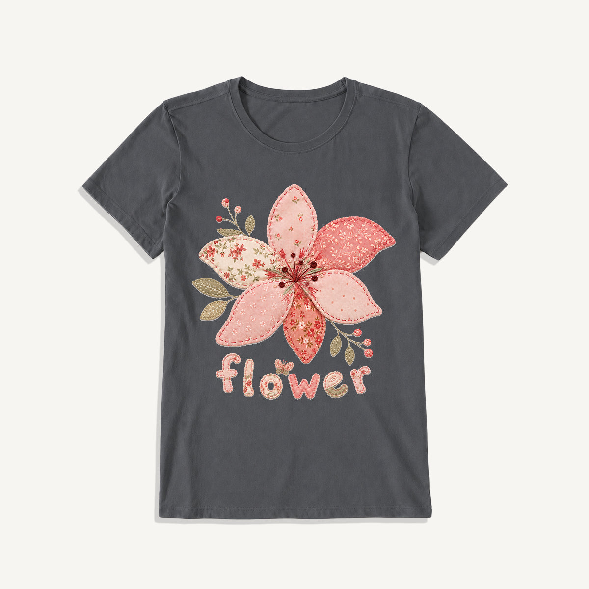 Blush Patchwork Flower Print Crew Neck Cotton Tee
