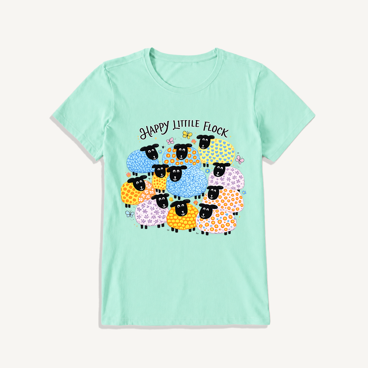 Colorful Happy Flock Print Crew Neck Cotton Tee