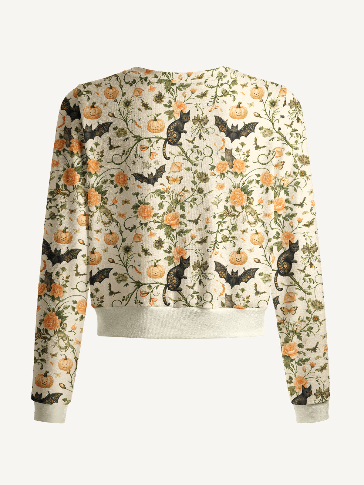 Lightweight Crew Neck Long‑Sleeve Cropped Pastoral Pumpkin Cat Print Fine‑Knit Cardigan