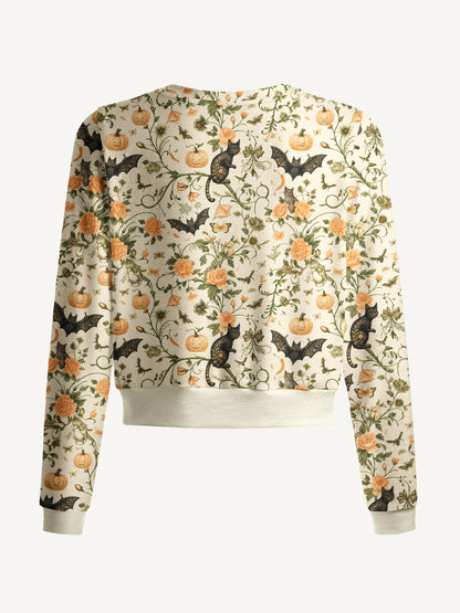 Lightweight Crew Neck Long‑Sleeve Cropped Pastoral Pumpkin Cat Print Fine‑Knit Cardigan