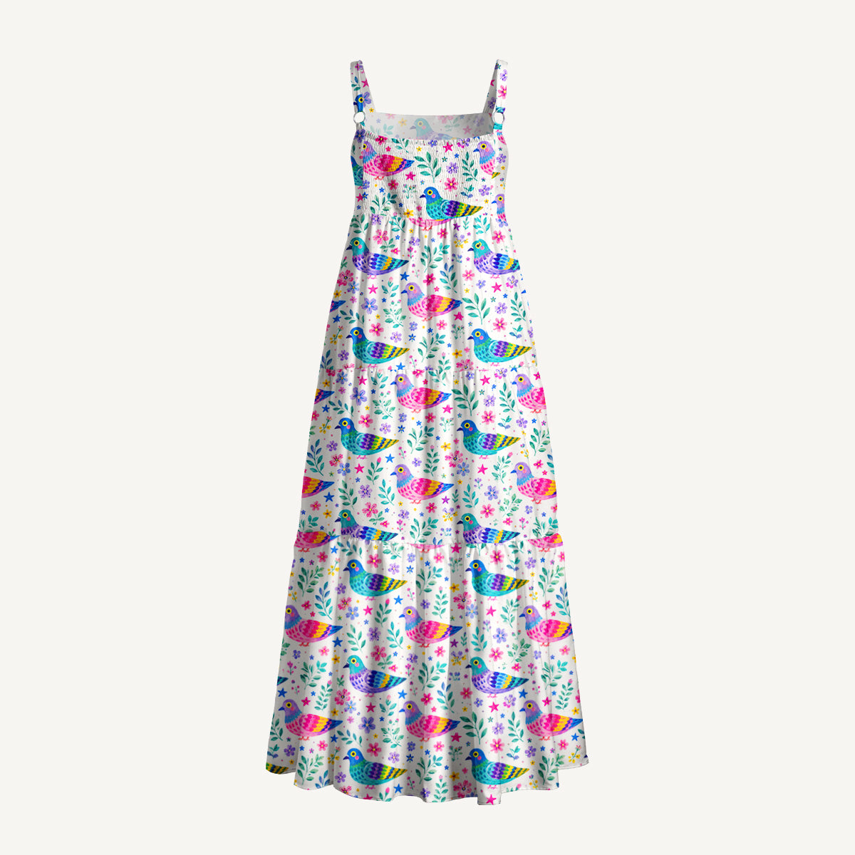 Colorful Folk Birds Pattern Print Wide Straps Maxi Dress With Pockets