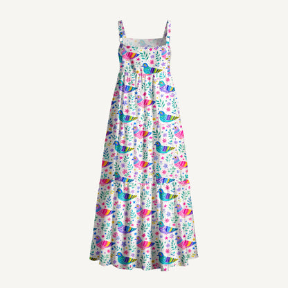 Colorful Folk Birds Pattern Print Wide Straps Maxi Dress With Pockets
