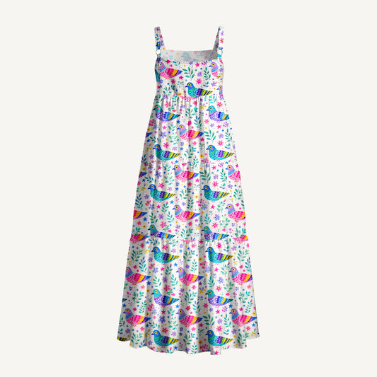Colorful Folk Birds Pattern Print Wide Straps Maxi Dress With Pockets