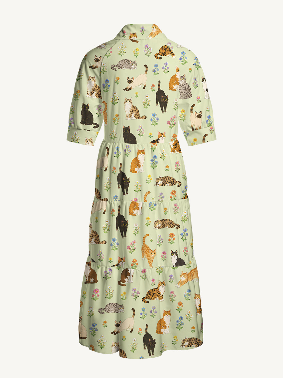 V Neck Collared Spring Meadow Garden Kitty Print Casual Midi Dress With Pockets