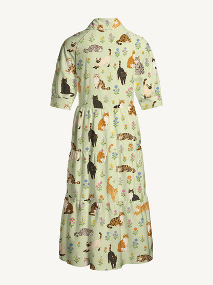 V Neck Collared Spring Meadow Garden Kitty Print Casual Midi Dress With Pockets