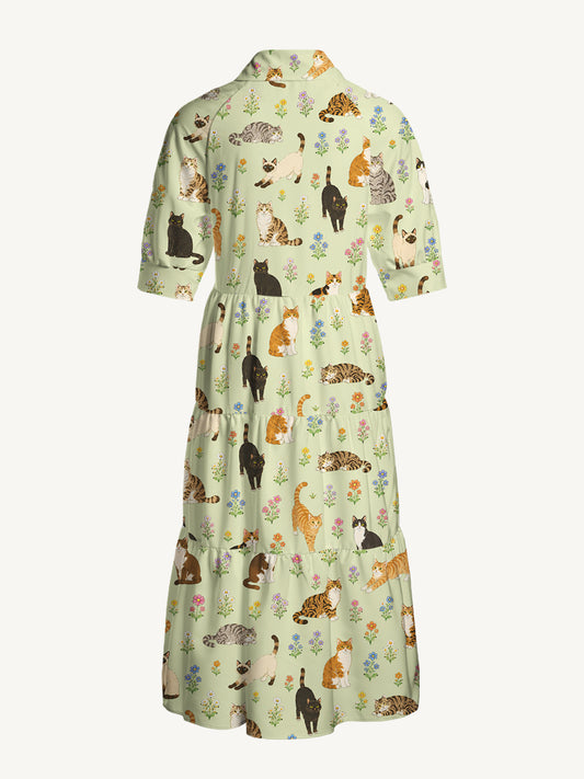 V Neck Collared Spring Meadow Garden Kitty Print Casual Midi Dress With Pockets