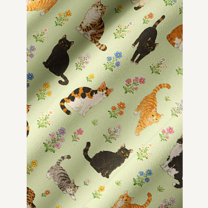 Spring Meadow Garden Kitty Print Boho Long Sleeve Tie‑Neck Smock Mini Dress