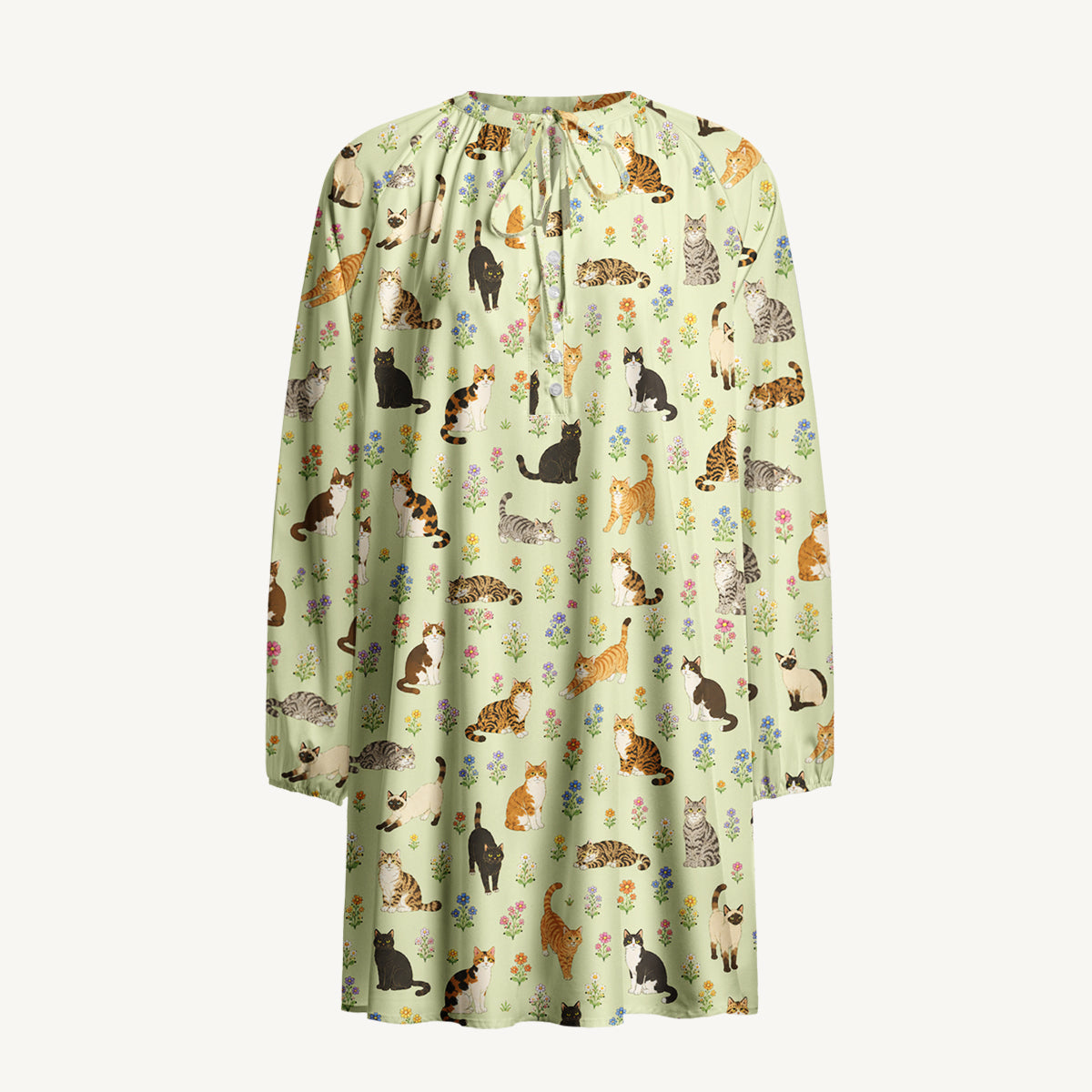 Spring Meadow Garden Kitty Print Boho Long Sleeve Tie‑Neck Smock Mini Dress