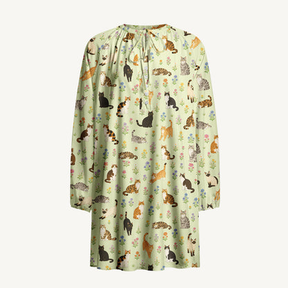Spring Meadow Garden Kitty Print Boho Long Sleeve Tie‑Neck Smock Mini Dress