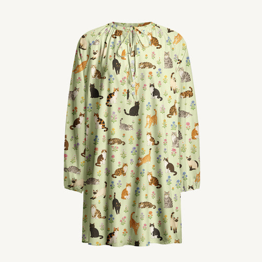 Spring Meadow Garden Kitty Print Boho Long Sleeve Tie‑Neck Smock Mini Dress