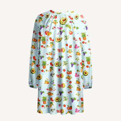 Tropical Fruit Party Print Boho Long Sleeve Tie‑Neck Smock Mini Dress