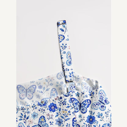 Delft Blue Butterfly Floral Print Wide Straps Maxi Dress With Pockets