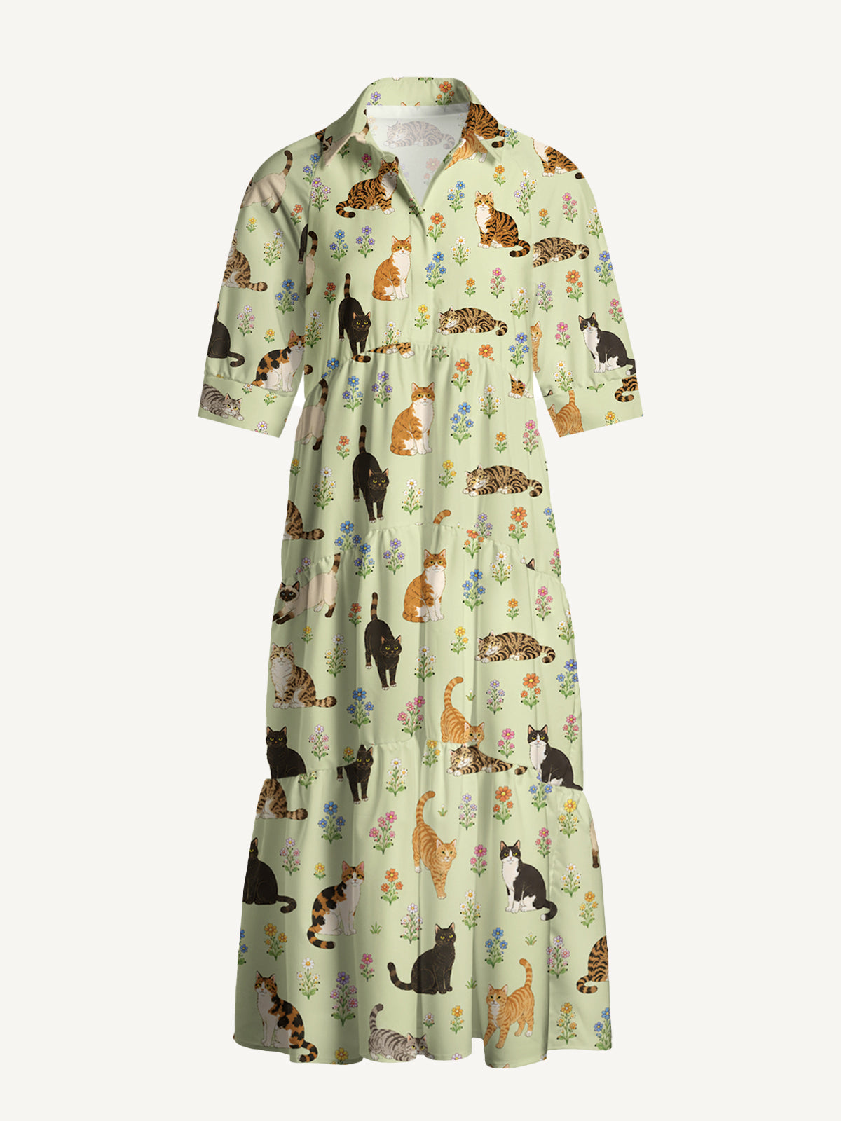 V Neck Collared Spring Meadow Garden Kitty Print Casual Midi Dress With Pockets