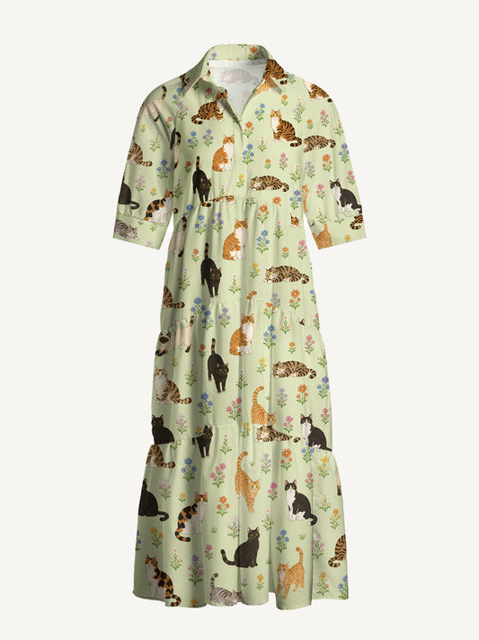 V Neck Collared Spring Meadow Garden Kitty Print Casual Midi Dress With Pockets