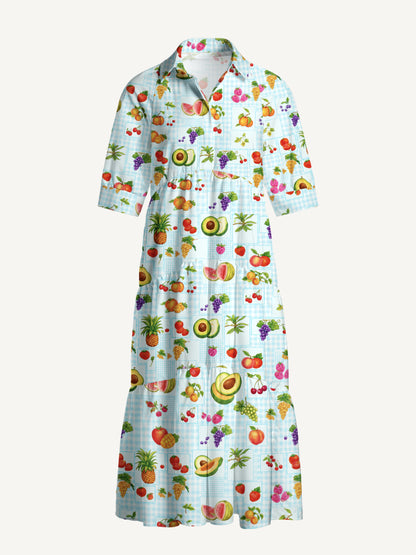 V Neck Collared Tropical Fruit Party Print Casual Midi Dress With Pockets