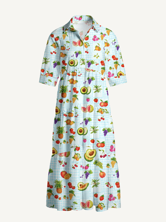 V Neck Collared Tropical Fruit Party Print Casual Midi Dress With Pockets