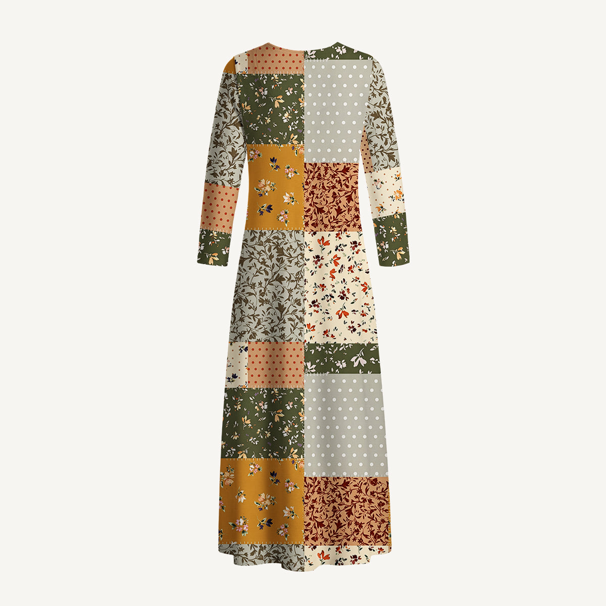 Rustic Floral Patchwork Print Soft-Touch Stretch Knit Long Sleeve Maxi Dress with Pockets