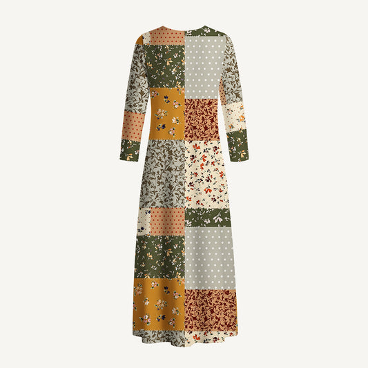 Rustic Floral Patchwork Print Soft-Touch Stretch Knit Long Sleeve Maxi Dress with Pockets