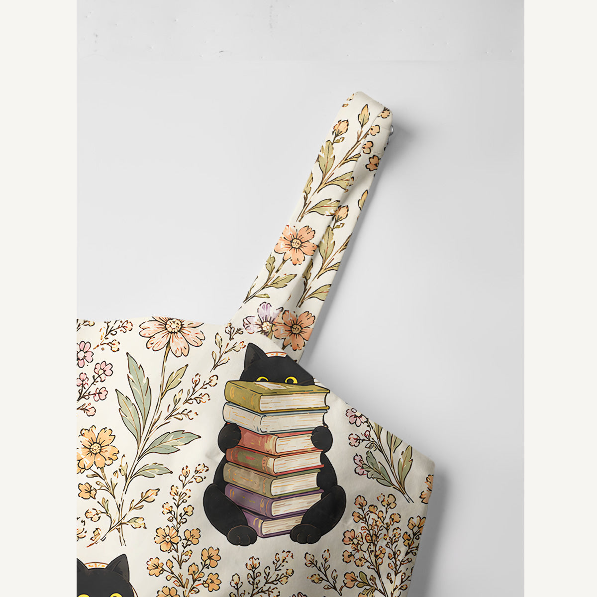 Books Blooms and Black Cats Print Cotton Wide Straps Maxi Dress With Pockets