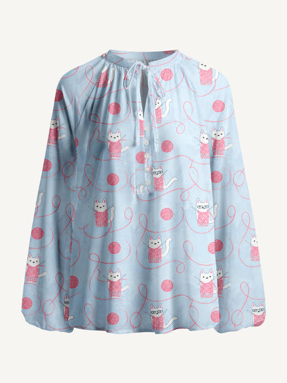 Cozy Yarn Basket Cat Print Boho Long Sleeve Tie‑Neck Blouse
