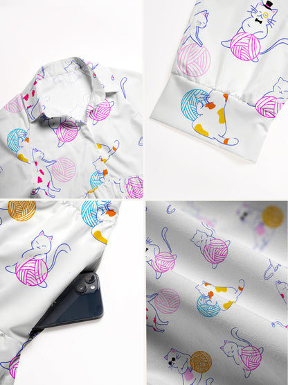 V Neck Collared Color Yarn Garden Cat Print Casual Midi Dress With Pockets