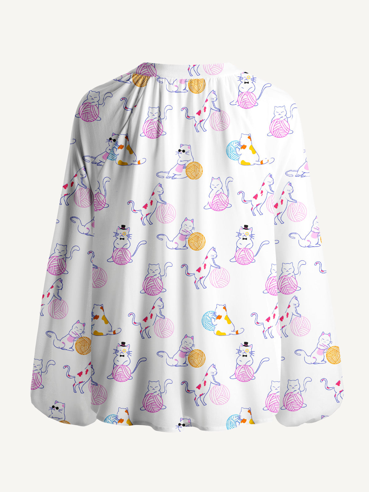 Color Yarn Garden Cat Print Boho Long Sleeve Tie‑Neck Blouse