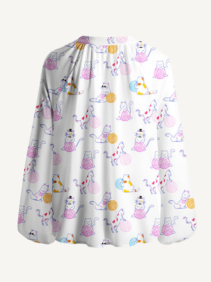 Color Yarn Garden Cat Print Boho Long Sleeve Tie‑Neck Blouse