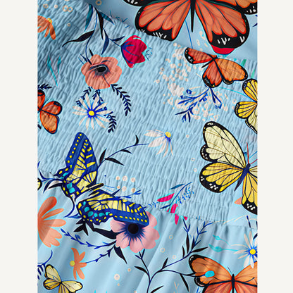 Butterfly Blossom Print Cotton Wide Straps Maxi Dress With Pockets