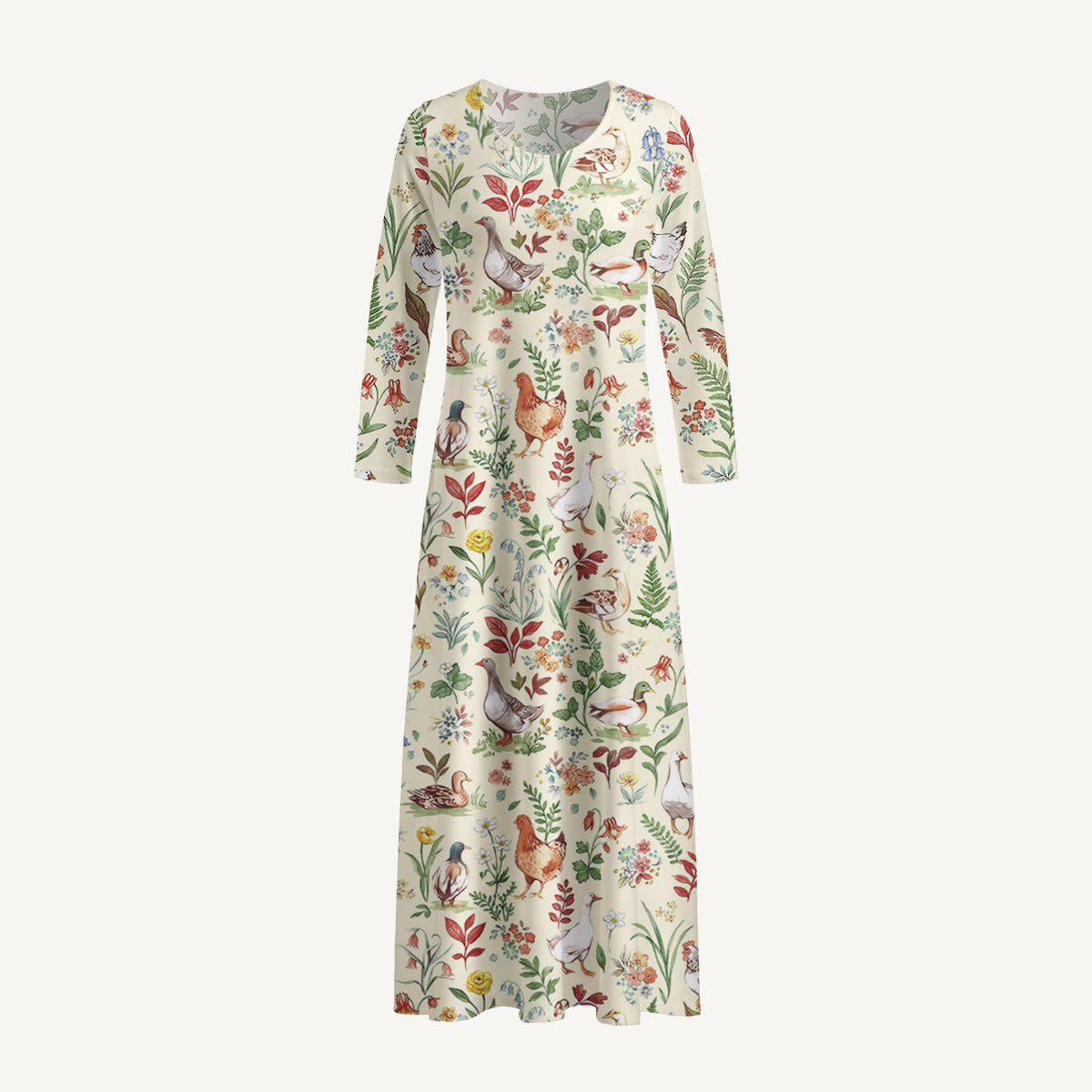 Countryside Garden Critter Print Soft-Touch Stretch Knit Long Sleeve Maxi Dress with Pockets