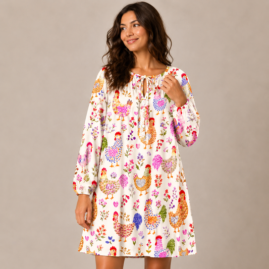 Colorful Farm Chickens Print Boho Tie‑Neck Smock Mini Dress