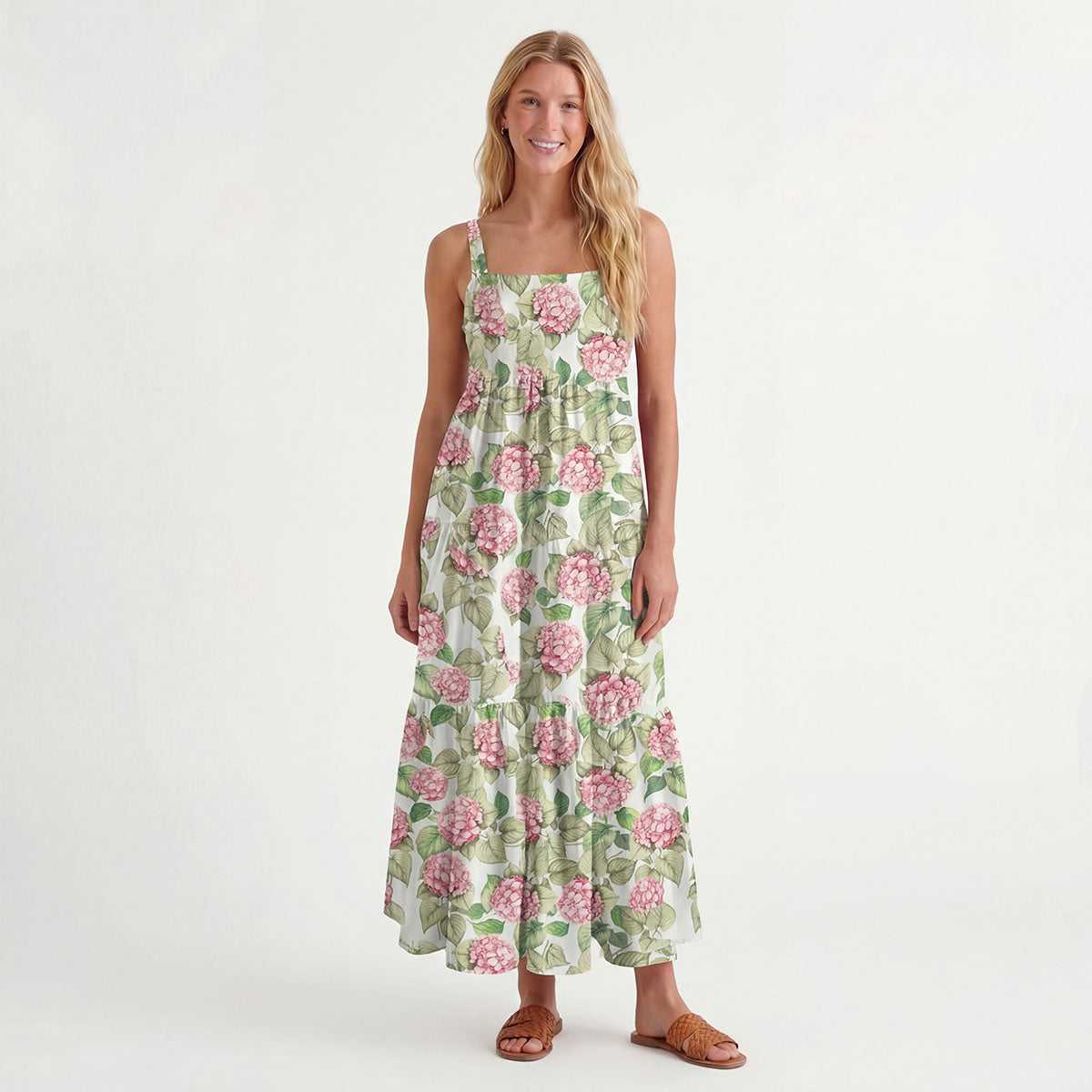 Square Neck Hydrangea Whisper Print Wide Straps Maxi Dress With Pockets