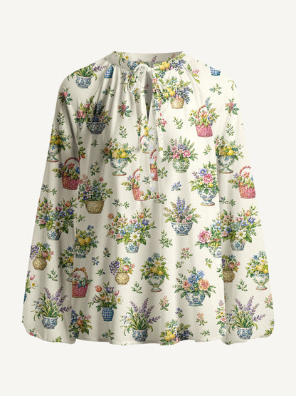 Garden Baskets Print Boho Long Sleeve Tie‑Neck Blouse