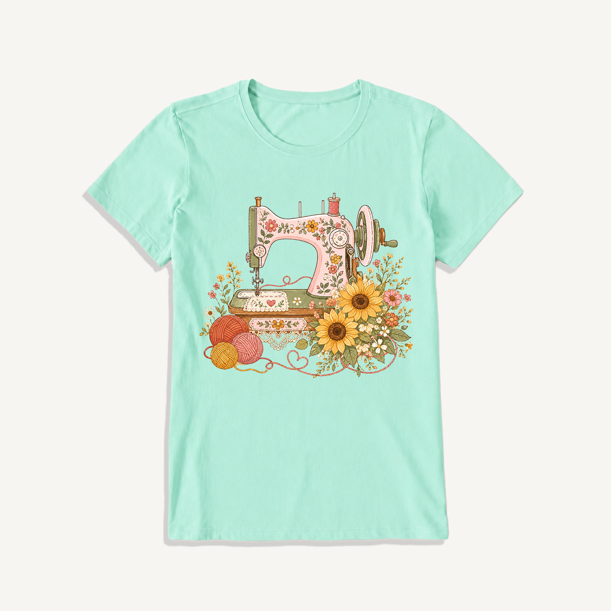Vintage Floral Sewing Nook Print Crew Neck Cotton Tee